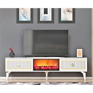 Flame Şömineli Tv Sehpası (alt Modül) Beyaz-Altın Beyaz-Altın