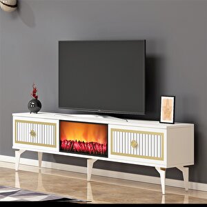 Flame Şömineli Tv Sehpası (alt Modül) Beyaz-Altın Beyaz-Altın