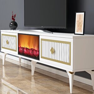 Flame Şömineli Tv Sehpası (alt Modül) Beyaz-Altın Beyaz-Altın