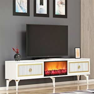 Flame Şömineli Tv Sehpası (alt Modül) Beyaz-Altın