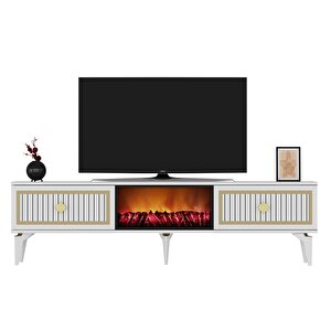 Flame Şömineli Tv Sehpası (alt Modül) Beyaz-Altın