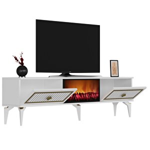 Flame Şömineli Tv Sehpası (alt Modül) Beyaz-Altın
