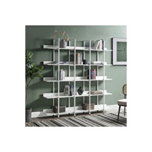 Stapulae 5 Katlı Metal Ayak Beyaz Ahşap Tabla Çok Amaçlı Kitaplık Duvar Kenar Raf Dekoratif Kitaplık