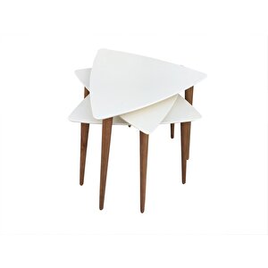 Zigon 13666 Sehpa Ahşap Kayın Retro Konik Ayak Model Üçgen Tabla Beyaz El Yapım