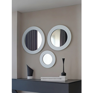 Dfn Wood Beyaz  Moderna 3 Lü Yuvarlak Duvar Salon Banyo Aynası 30,40,50 Cm