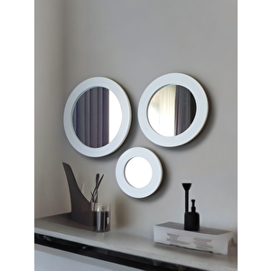 Dfn Wood Beyaz  Moderna 3 Lü Yuvarlak Duvar Salon Banyo Aynası 30,40,50 Cm