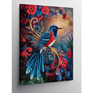 Kanvas Tablo Kırmızı Mavi Kuş Ve Çiçekler 100x140 cm