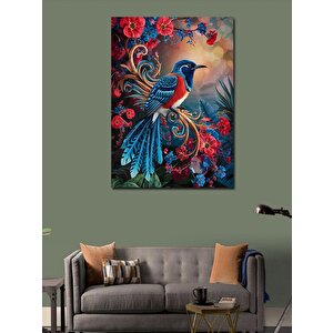 Kanvas Tablo Kırmızı Mavi Kuş Ve Çiçekler 100x140 cm