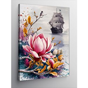 Kanvas Tablo Çiçekler Ve Yelkenli Gemi 100x140 cm
