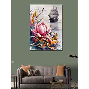 Kanvas Tablo Çiçekler Ve Yelkenli Gemi 100x140 cm