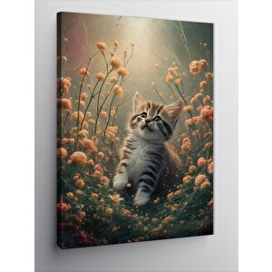 Kanvas Tablo Yavru Kedi Ve Çiçekler 70x100 cm