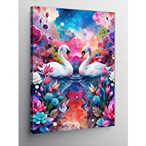 Kanvas Tablo Beyaz Kuğular Ve Çiçekler 70x100 cm