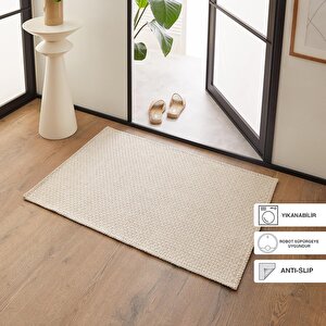 Yıkanabilir Jüt Görünümlü Krem Renk Hasır Desenli Paspas 60 X 90 Cm