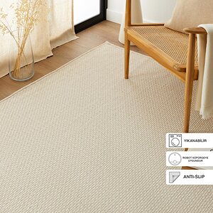 Yıkanabilir Jüt Görünümlü Krem Renk Hasır Desenli Halı Kilim 120 X 180 Cm