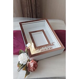 25x35 Cm Beyaz-rosegold Fotoğraf Alanlı Model Tasarım Gül Kutusu Anı Çerçevesi!! Isimli Ledli