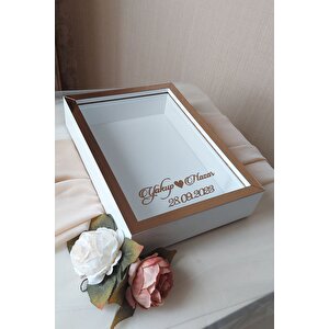 25x35 Cm Beyaz-bronz Ledsiz Derin Gül Tasarım Çerçevesi! Gül Kutusu Anı Çerçevesi! Isim Ve Tarih