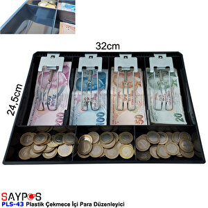 Plastik Para Çekmecesi İçi Düzenleyici 4 Banknot 3 Bozuk Para Gözlü 32x24,5x3,5cm
