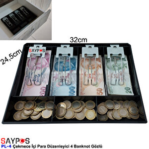 Metal Mandallı Rampalı Çekmece İçi Para Düzenleyici 4 Banknot 3 Bozuk Para Gözlü 32x24,5x3,5cm