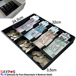Metal Mandallı Rampalı Çekmece İçi Para Düzenleyici 4 Banknot 3 Bozuk Para Gözlü 32x24,5x3,5cm