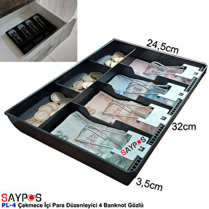 Metal Mandallı Rampalı Çekmece İçi Para Düzenleyici 4 Banknot 3 Bozuk Para Gözlü 32x24,5x3,5cm