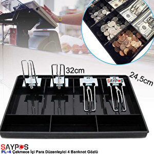 Metal Mandallı Rampalı Çekmece İçi Para Düzenleyici 4 Banknot 3 Bozuk Para Gözlü 32x24,5x3,5cm