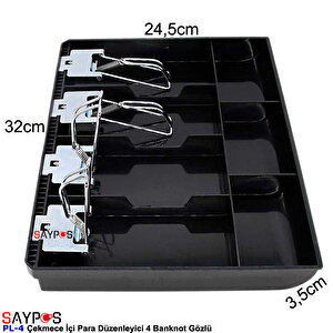 Metal Mandallı Rampalı Çekmece İçi Para Düzenleyici 4 Banknot 3 Bozuk Para Gözlü 32x24,5x3,5cm