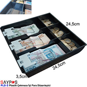 Plastik Para Çekmecesi İçi Düzenleyici 3 Banknot 3 Bozuk Para Gözlü 24,5x24,5x3,5cm