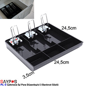 Metal Mandallı Rampalı Çekmece İçi Para Düzenleyici 3 Banknot 3 Bozuk Para Gözlü 24,5x24,5x3,5cm