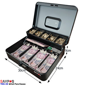 Şifreli Açılır Ve Taşıma Kulplu Para Kasası 4 Banknot 5 Madeni Para Gözlü Gizli Bölmeli 30x24x9cm