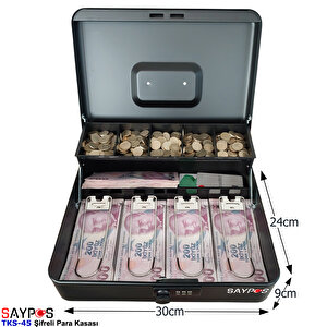 Şifreli Açılır Ve Taşıma Kulplu Para Kasası 4 Banknot 5 Madeni Para Gözlü Gizli Bölmeli 30x24x9cm