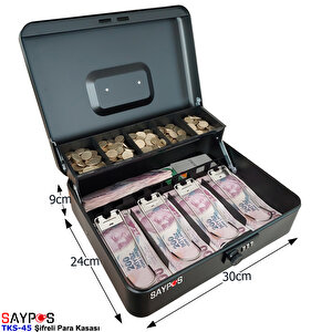 Şifreli Açılır Ve Taşıma Kulplu Para Kasası 4 Banknot 5 Madeni Para Gözlü Gizli Bölmeli 30x24x9cm