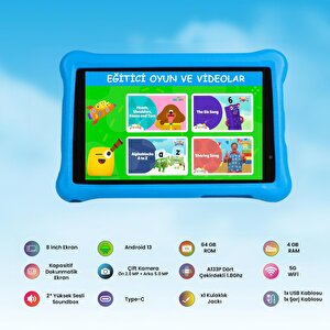 Npo 8" Ips Ekran 4gb 64gb Android 13.0 A133p 1.8ghz Antişok Çocuk Tableti Kids Tablet Mavi Rs407+