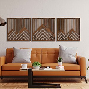 Ahşap Duvar Tablosu, 3 Parça Ahşap Duvar Dekoru, Geometrik Karlı Dağ Duvar Paneli, Ceviz 58,5x58,5 Cm 58,5x58,5 cm