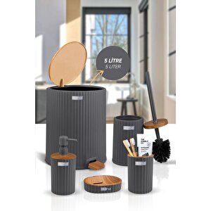 Okyanus Home Coliseum Antrasit Ahşap Desenli Kovalı Pedallı 5'li Banyo Seti