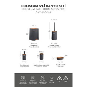 Okyanus Home Coliseum Antrasit Ahşap Desenli Kovalı Pedallı 5'li Banyo Seti