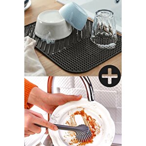 2'li  Silikon Bulaşık Kurutma Matı Ve Silikon Uçlu Bulaşık Ve Lavabo Fırçası Set Antrasit Renk