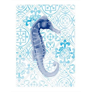 Deniz Atı Ve Mavi Motifler Art Mdf Poster 25cmx 35cm 25x35 cm