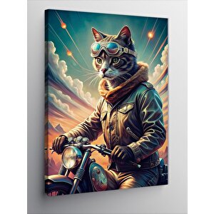 Kanvas Tablo Motosiklet Kullanan Retro Kedi