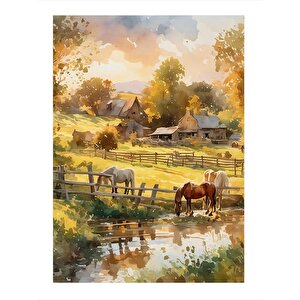 Köy Evi Ve Atlar Mdf Poster 25cmx 35cm 25x35 cm