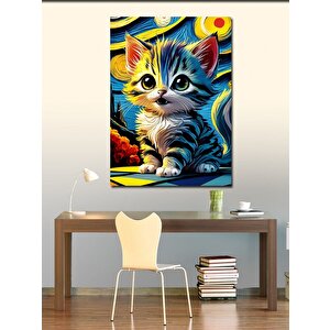 Kanvas Tablo Yavru Kedi Van Gogh Stili 100x140 cm