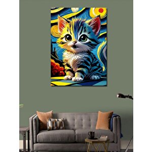 Kanvas Tablo Yavru Kedi Van Gogh Stili 100x140 cm