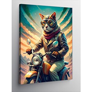 Kanvas Tablo Retro Motosiklet Kullanan Kedi