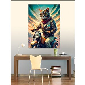 Kanvas Tablo Retro Motosiklet Kullanan Kedi