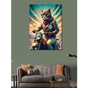 Kanvas Tablo Retro Motosiklet Kullanan Kedi