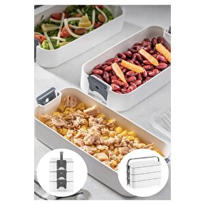 3 Katlı Taşınabilir Yemek Kabı – Lunch Box Diyet Beslenme Kutusu Saklama Kabı Çatal Kaşıklı Gri