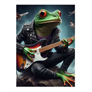 Elektro Gitar Çalan Kurbağa Art Mdf Poster 25cmx 35cm 25x35 cm