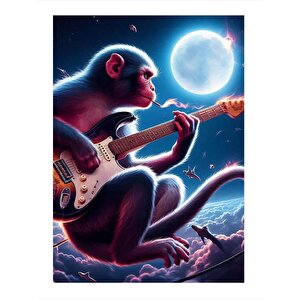 Elektro Gitar Çalan Maymun Modern Ahşap Tablo 35cm X50cm 35x50 cm