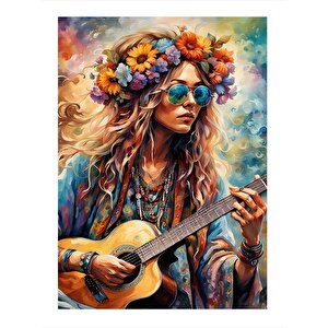Akustik Gitar Çalan Kadın Model Ahşap Tablo 35cm X50cm 35x50 cm