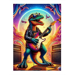 Elektro Gitar Çalan Dinozor Desenli Mdf Tablo 25cmx 35cm 25x35 cm
