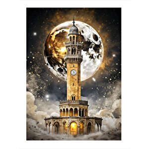 İzmir Saat Kulesi Ve Dolunay Modern Ahşap Tablo 35cm X50cm 35x50 cm